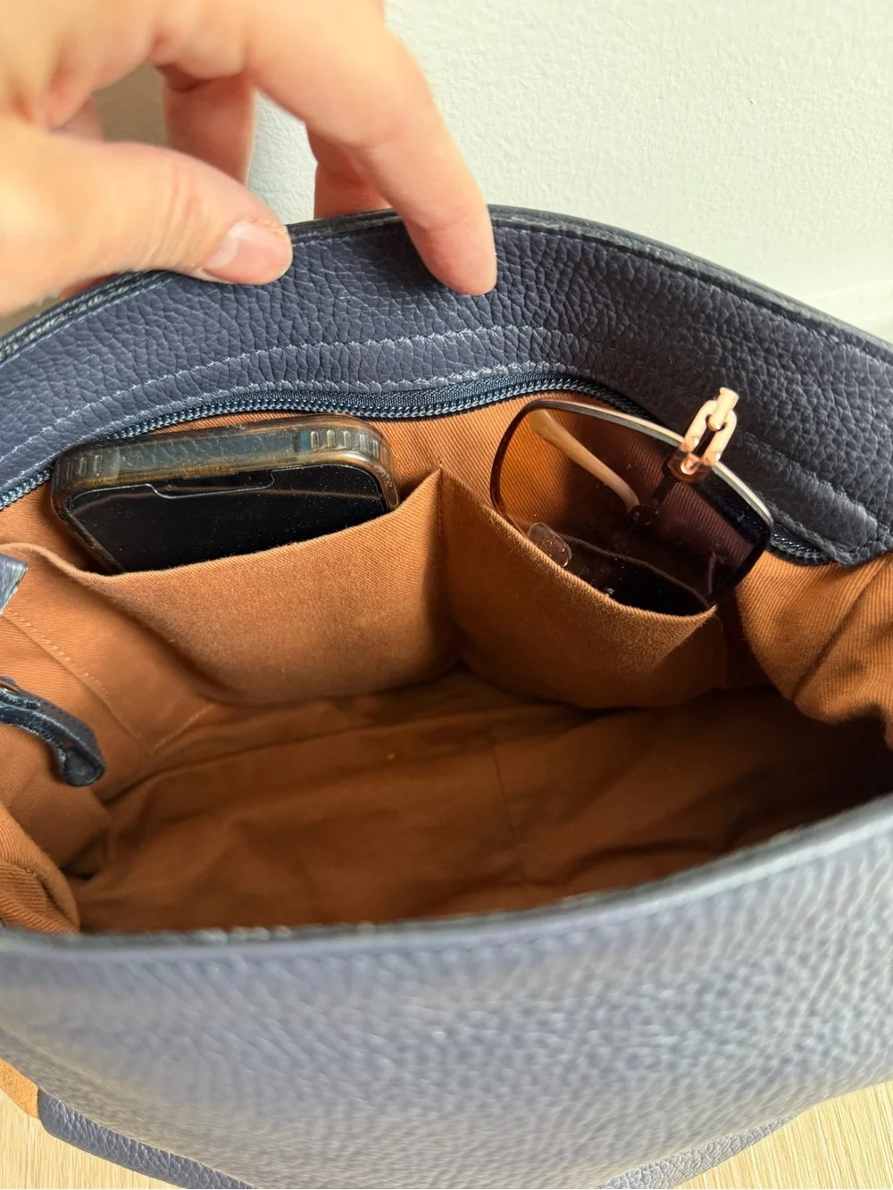 Sundance Genuine Leather & Suede Hobo Bag — Navy/Cognac Made In Italy